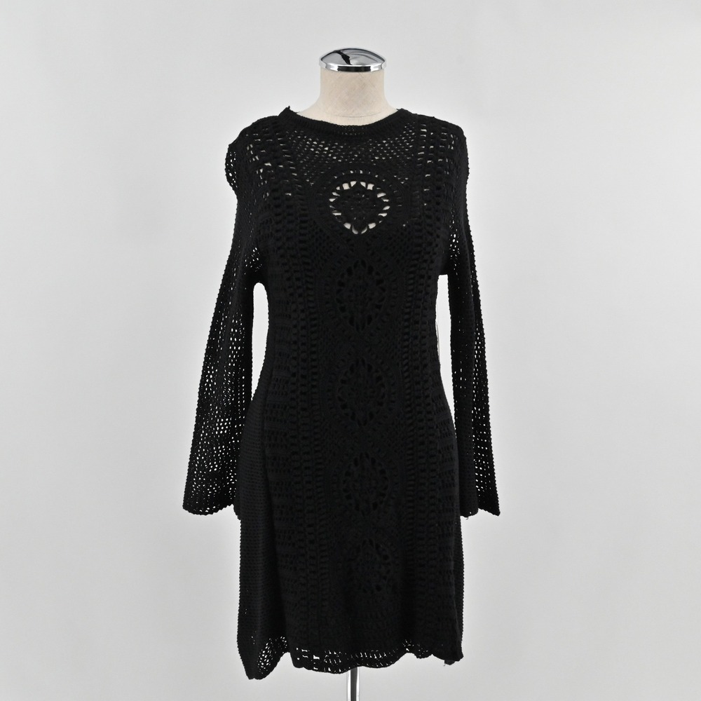 Free People Rosalind Crochet Mini Dress Womens Size S Black Boho Ramie Cotton